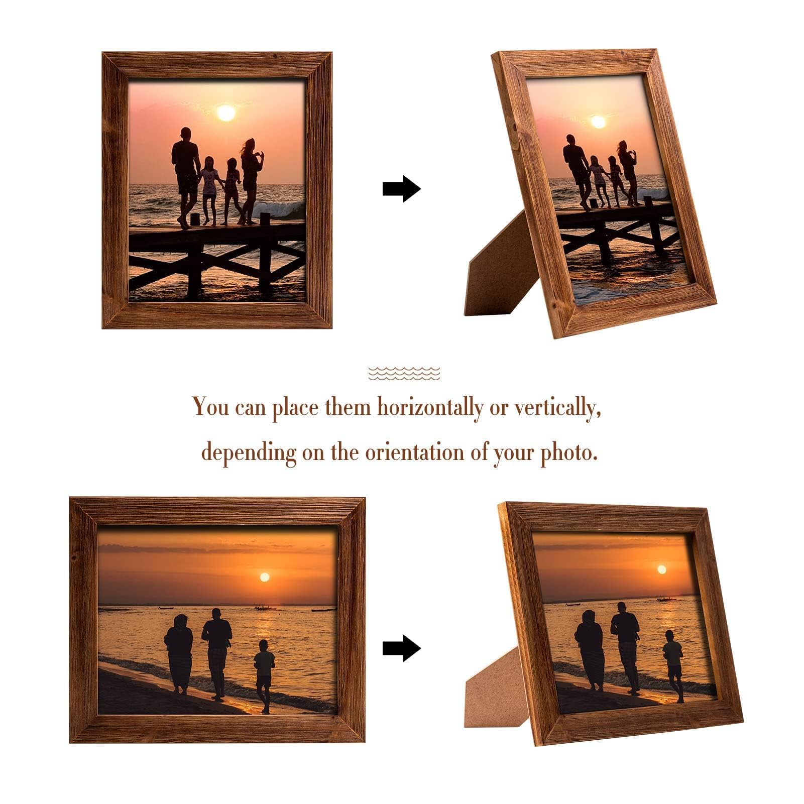 8 x 10 Picture Frame Wood Rustic Handmade Striped Border Brown Photo Frames High Definition Glass for Wall or Tabletop Display G